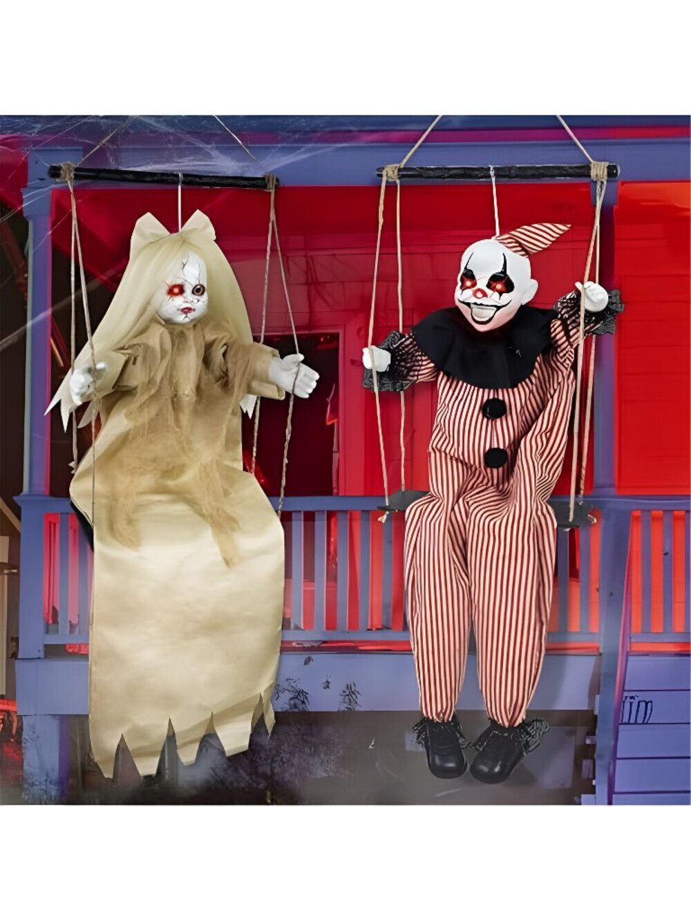 2 Pack Hanging Halloween Decorations Outdoor Swinging Clown & Girl Ghost